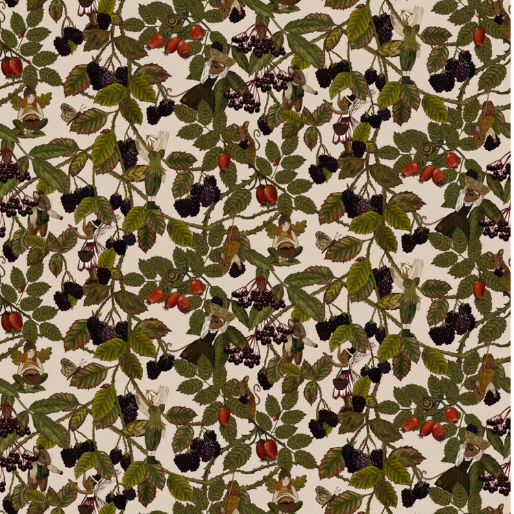 Illustrated woodland fabric featuring blackberries, rosehips, fairies, birds and mice among leafy brambles on a soft neutral background.