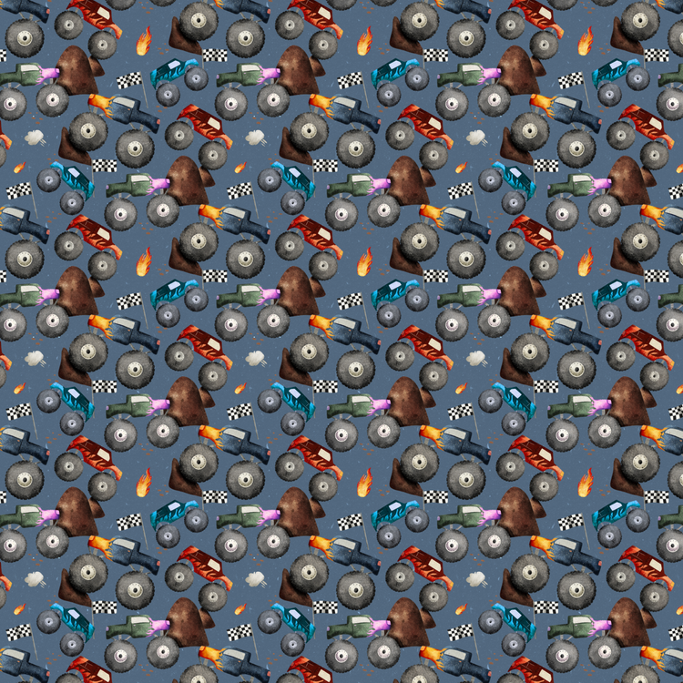 Fabric with colourful monster trucks, flames, dirt ramps and racing flags on a denim blue background – bold design ideal for children’s clothing.