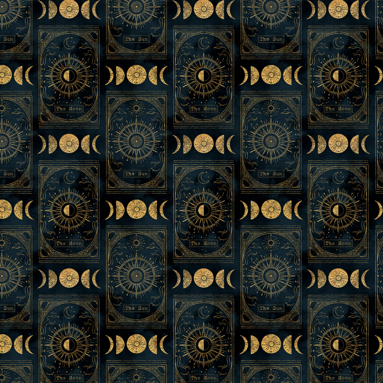 Dark blue fabric with gold celestial tarot card illustrations featuring suns, moons, and lunar phases – ideal for mystical handmade children’s clothing.