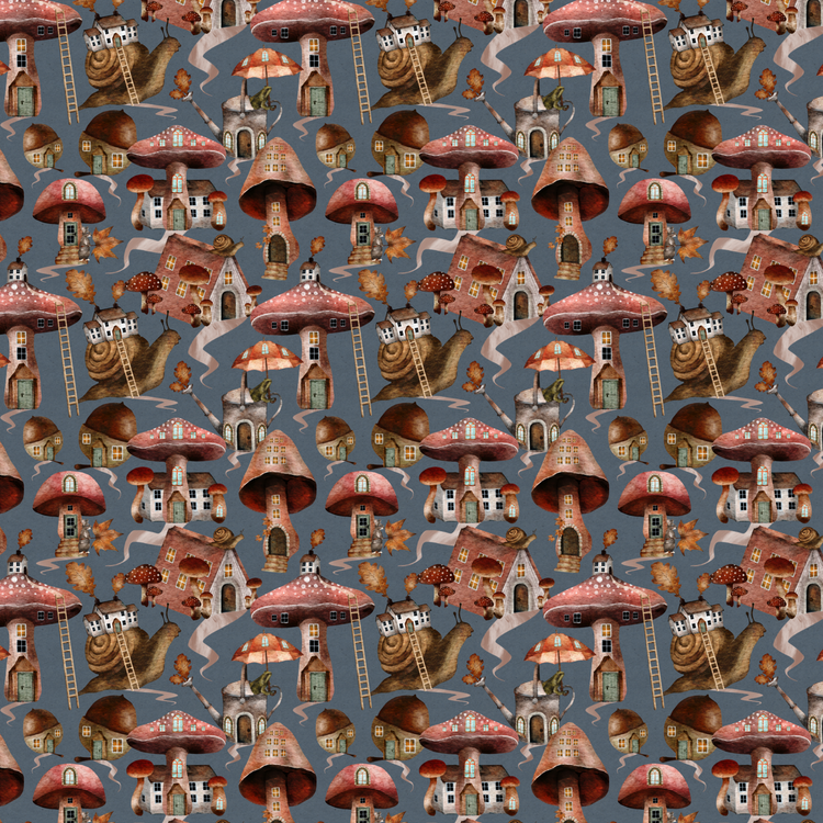 Fabric with whimsical mushroom houses, snails, leaves and winding paths in autumn colours on a denim blue background – ideal for handmade kids’ clothes.