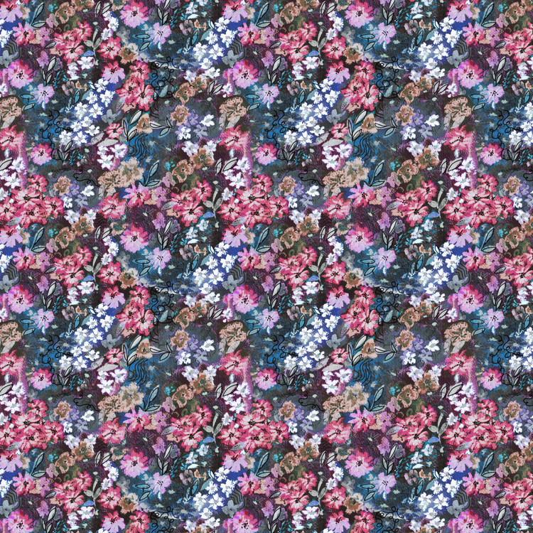 Floral fabric with expressive brushstroke flowers in fuchsia, lilac, blue and brown on a navy background – bold, painterly design for children’s clothing.