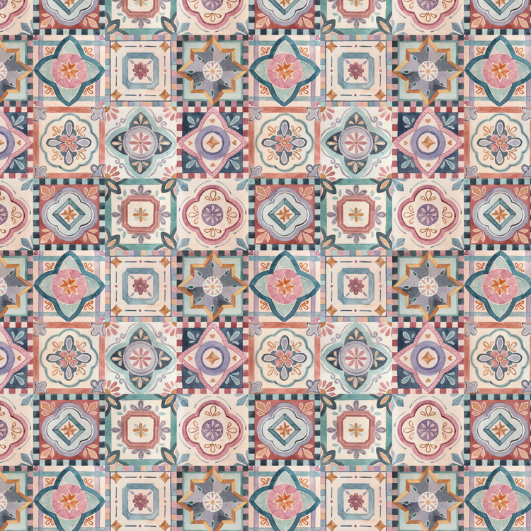 Fabric featuring a colourful repeating tile pattern in soft terracotta, teal, blush and mustard – ideal for Mediterranean-inspired children’s clothing.