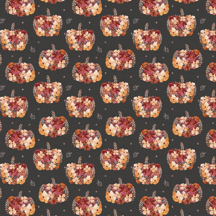 Dark charcoal fabric with repeating floral pumpkins made from watercolour-style autumn flowers in shades of rust, peach, and blush. A whimsical autumn design for children’s wear.