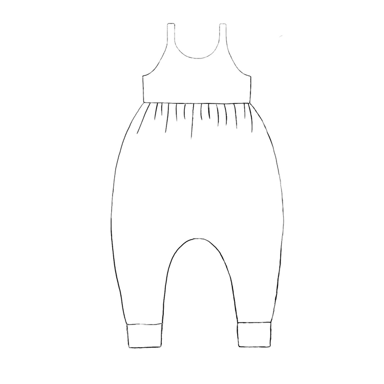 Line drawing of a handmade children’s Napa romper with a sleeveless jersey top, gathered waist and relaxed harem leg with ankle cuffs.
