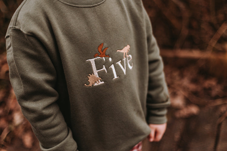 Close-up of a child wearing a green sweatshirt embroidered with the word “Five” and small dinosaur motifs, part of a personalised birthday clothing collection.