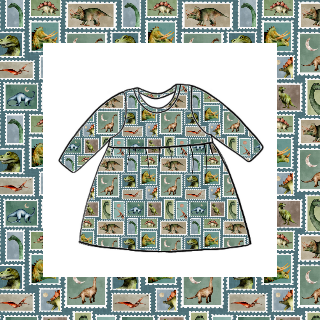 Long Sleeved Gathered Dress - Prehistoric Stamps