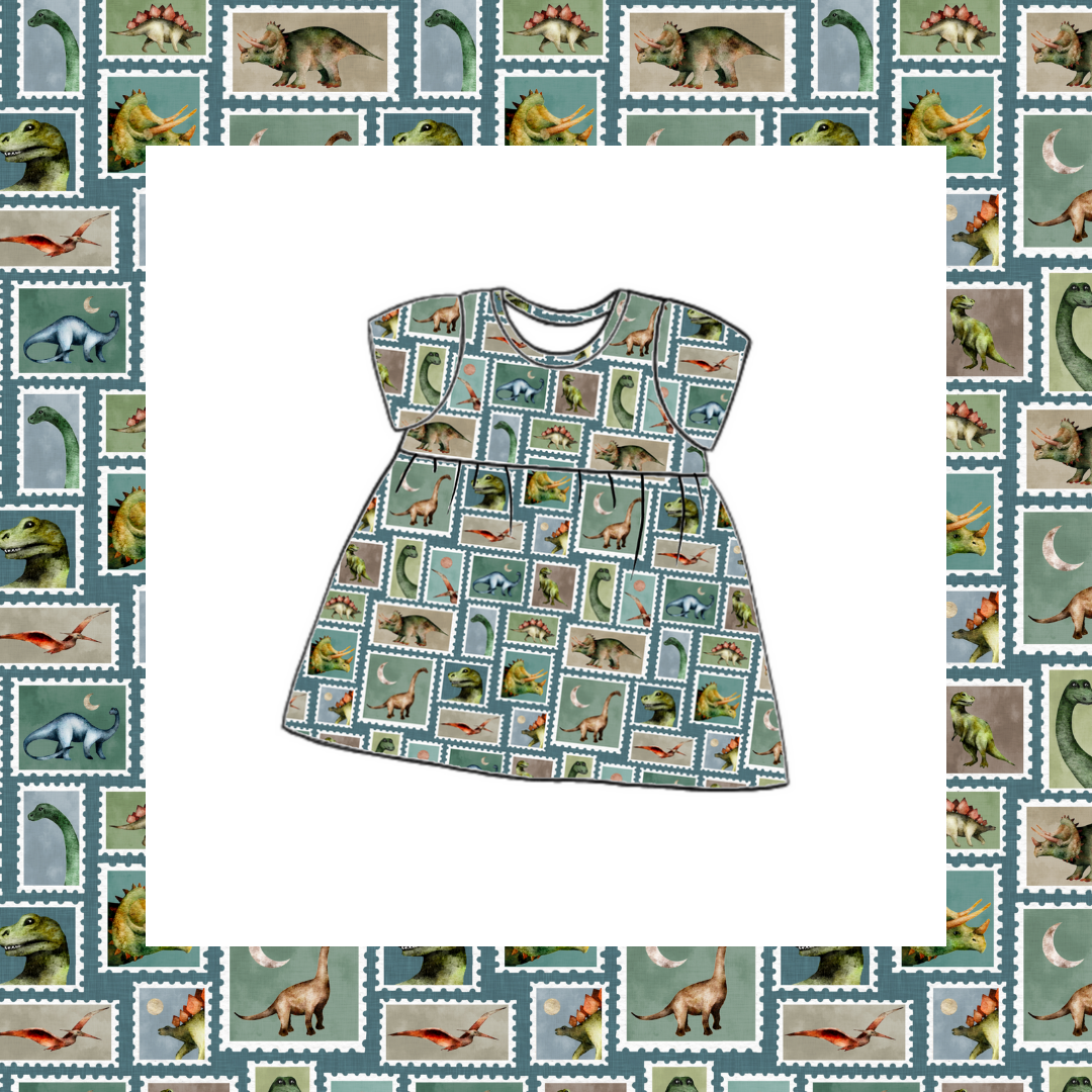 Short Sleeved Gathered Dress - Prehistoric Stamps