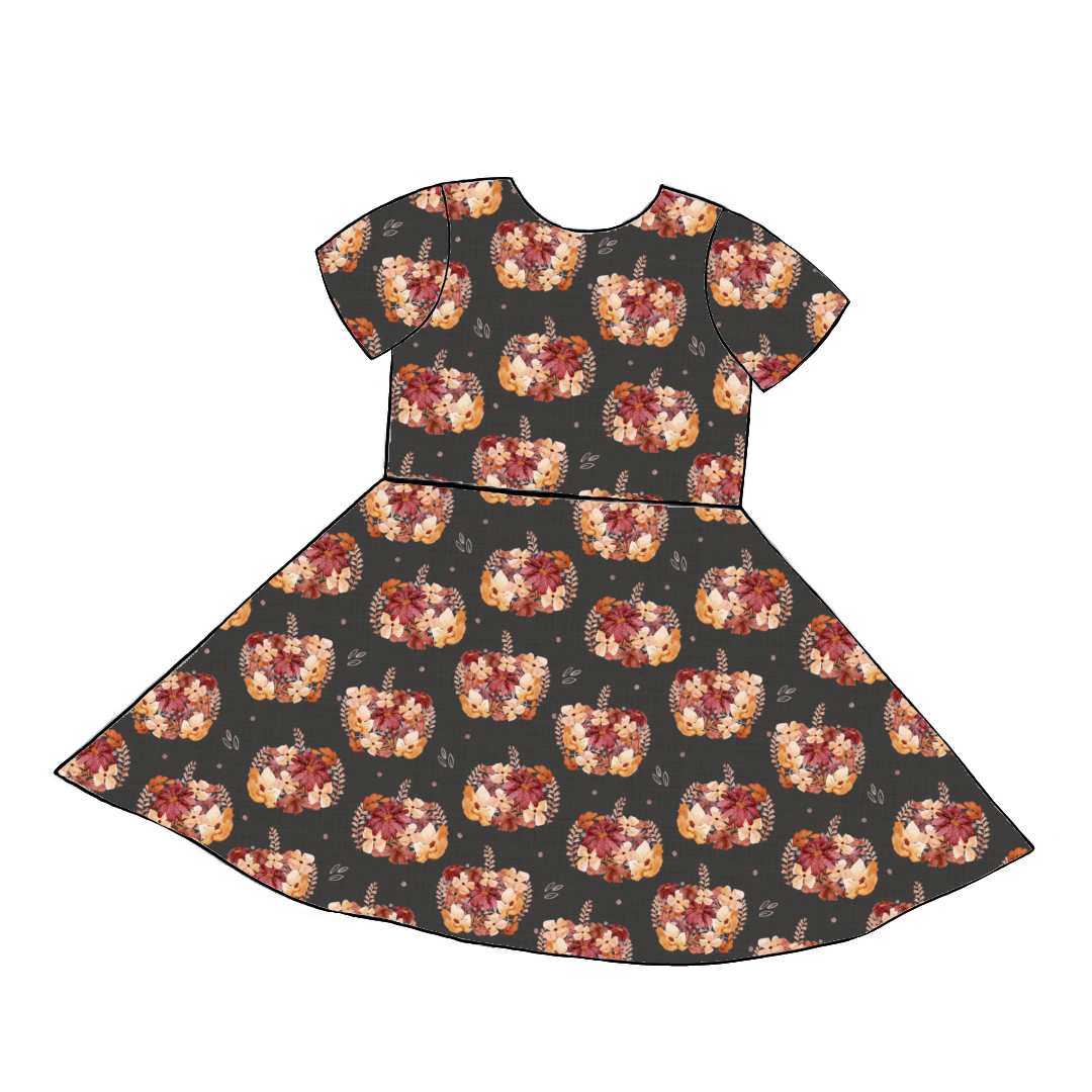 Short sleeve handmade twirly dress in Baize – deep charcoal dress with floral pumpkin print in peach and burgundy.