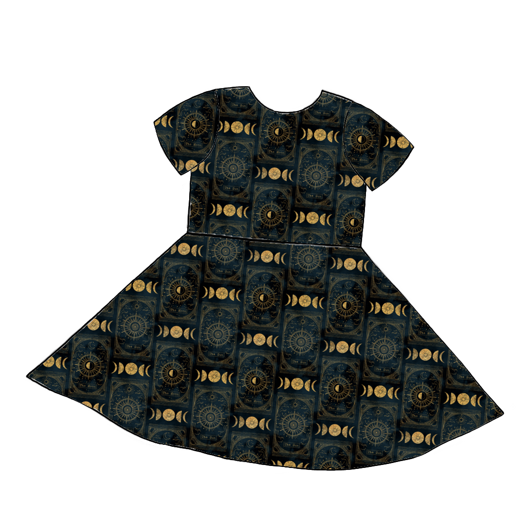 Short sleeve handmade twirly dress in Tarot – mystical black and gold jersey with tarot-inspired suns, moons and stars.
