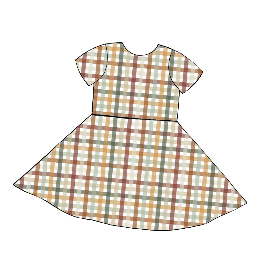 Short sleeve handmade twirly dress in Harvest Gingham – warm gingham print in autumn tones of rust, mustard, sage and cream.