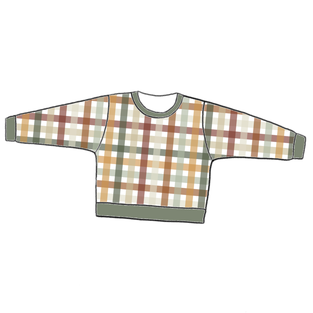 Slouchy handmade lounge sweater in Harvest Gingham – rust, mustard, sage and cream gingham with ribbed cuffs and hem.