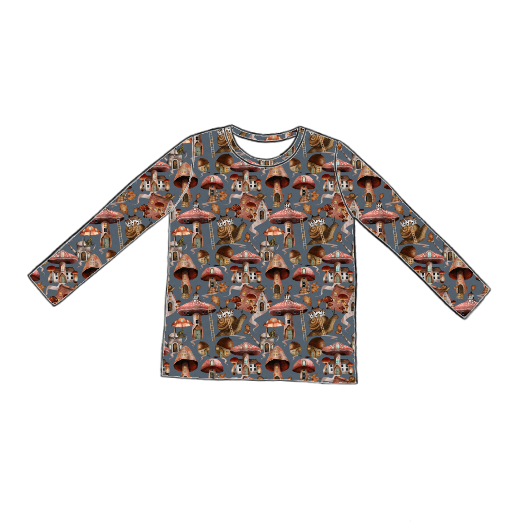 Long sleeve handmade T-shirt in Mushroom Town – blue-grey jersey with mushroom houses, snails and leafy details.