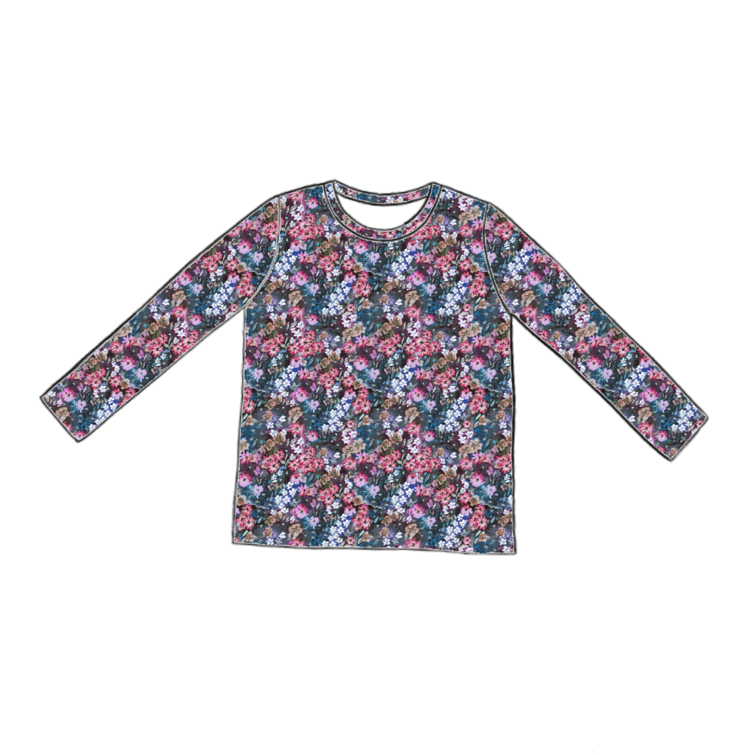 Long sleeve handmade T-shirt in Matilda Floral – deep blue jersey with layered florals in fuchsia, violet and green.