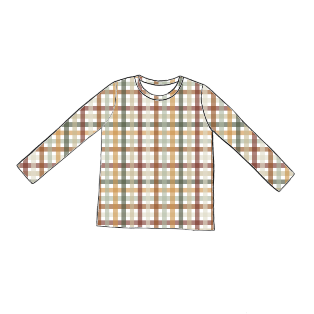 Long sleeve handmade T-shirt in Harvest Gingham – jersey check in rust, mustard, sage and cream.