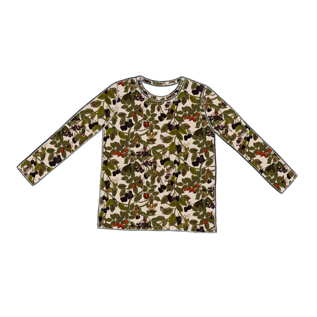 Long sleeve handmade T-shirt in Matilda Floral – deep blue jersey with layered florals in fuchsia, violet and green.