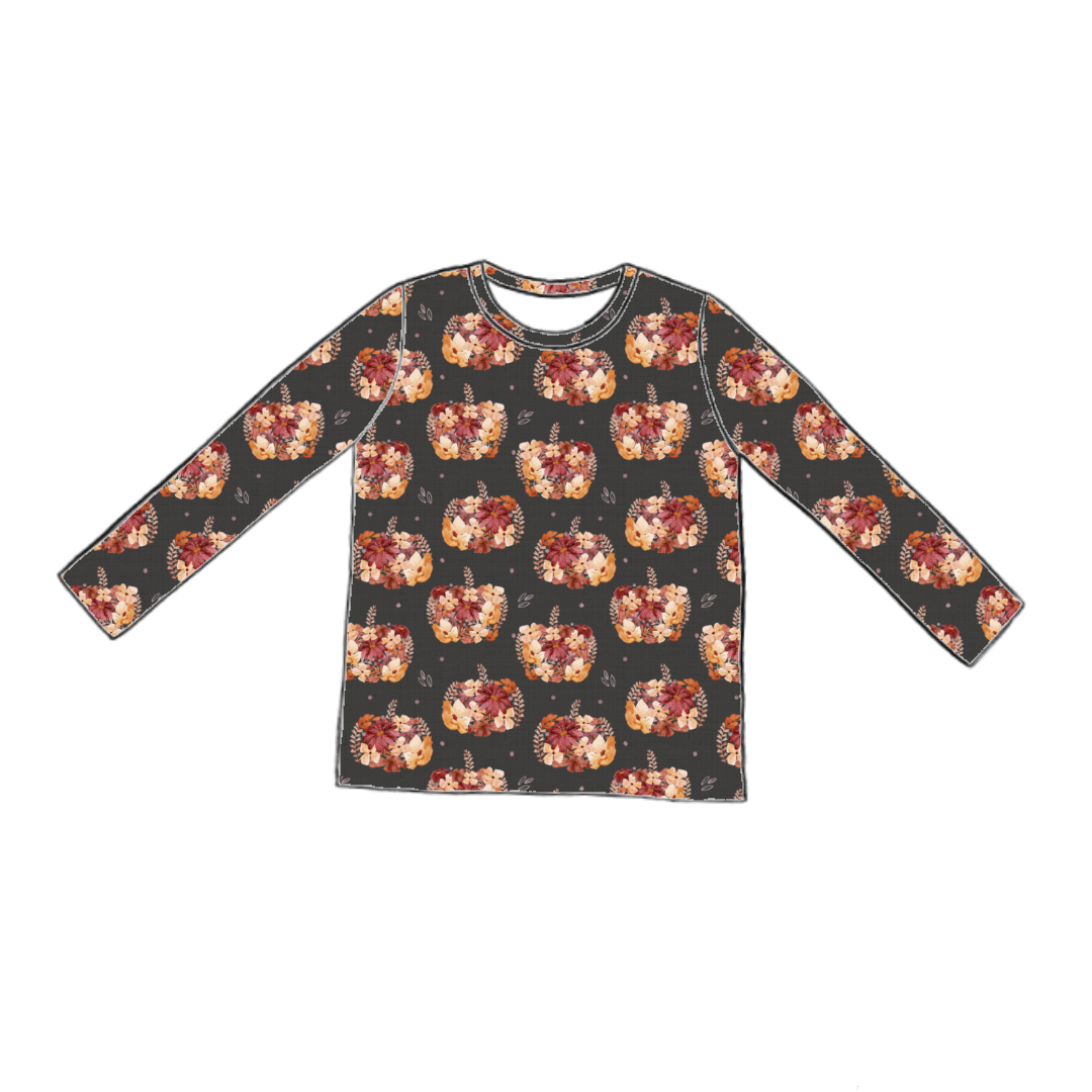 Long sleeve handmade T-shirt in Baize – charcoal jersey with floral pumpkins in soft peach and burgundy.