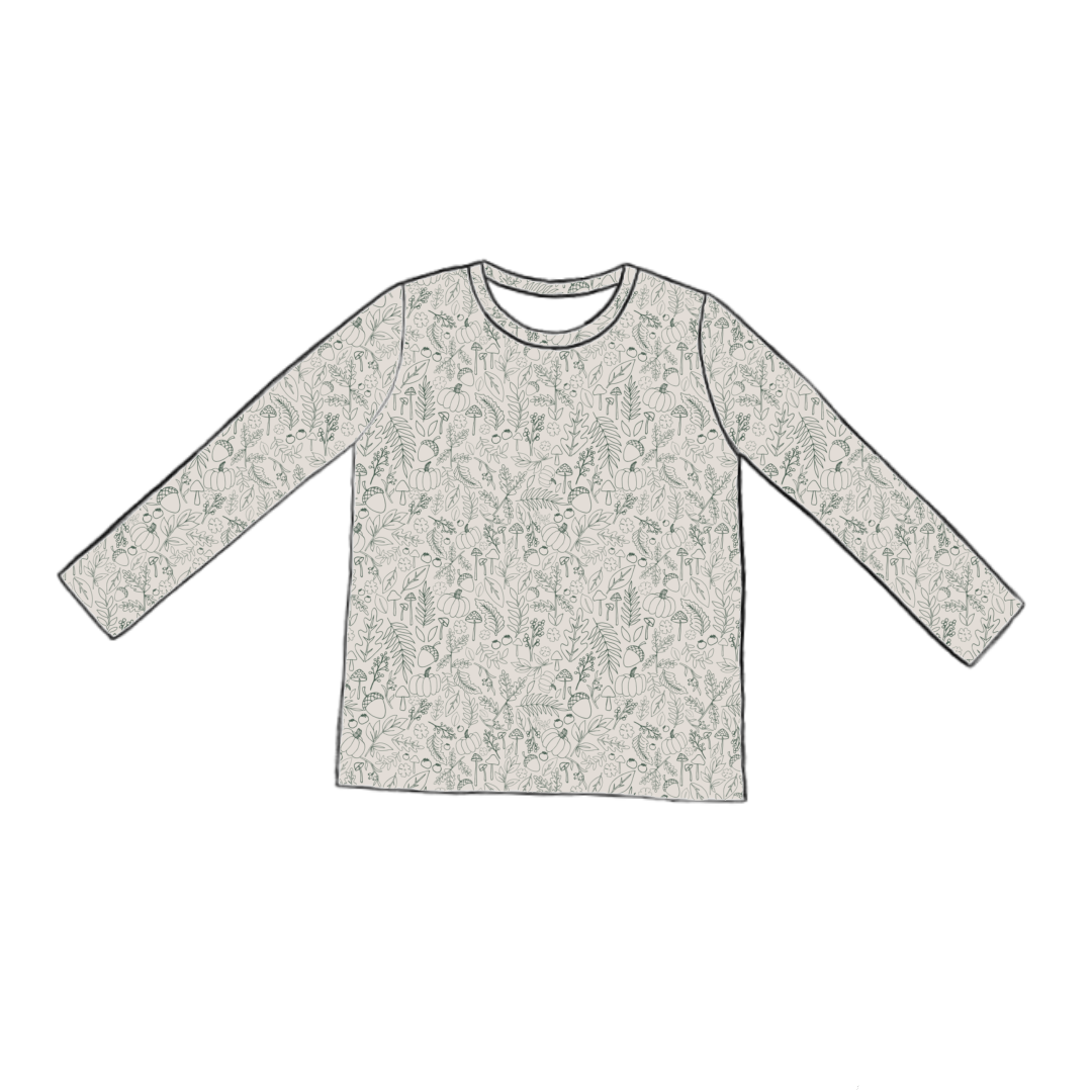 Long sleeve handmade T-shirt in Autumn Outlines – warm neutral jersey with fine green botanical print.