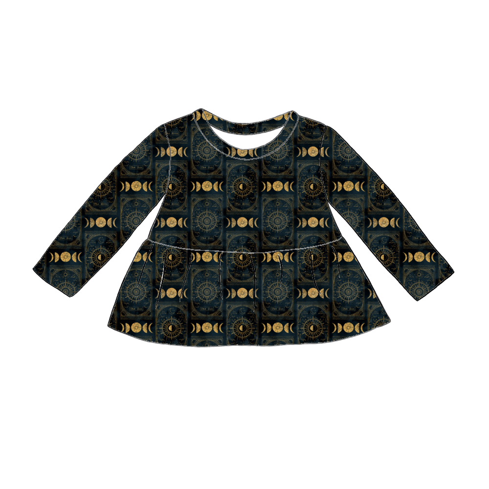 Handmade long sleeved peplum top in Tarot – black and gold celestial jersey with moons, suns and mystical illustrations.