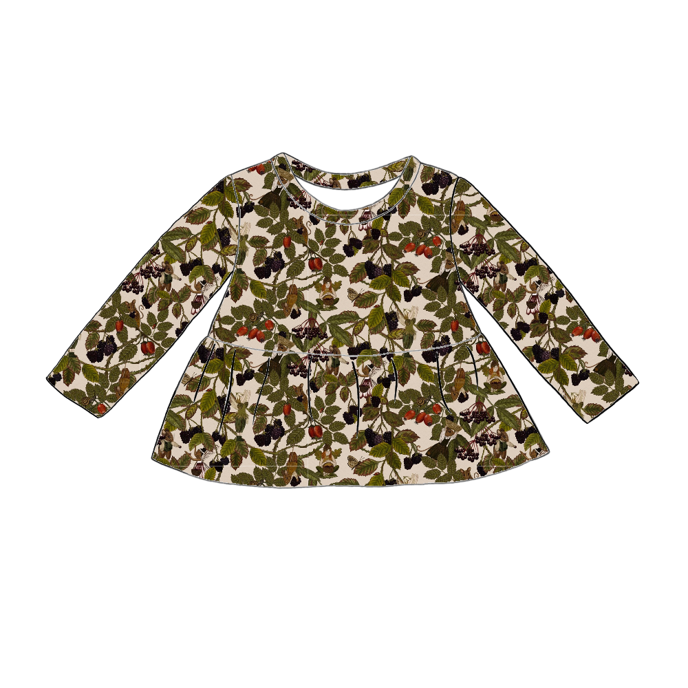 Handmade long sleeved peplum top in Hedgerow – woodland jersey with fairies, forest animals and berries.