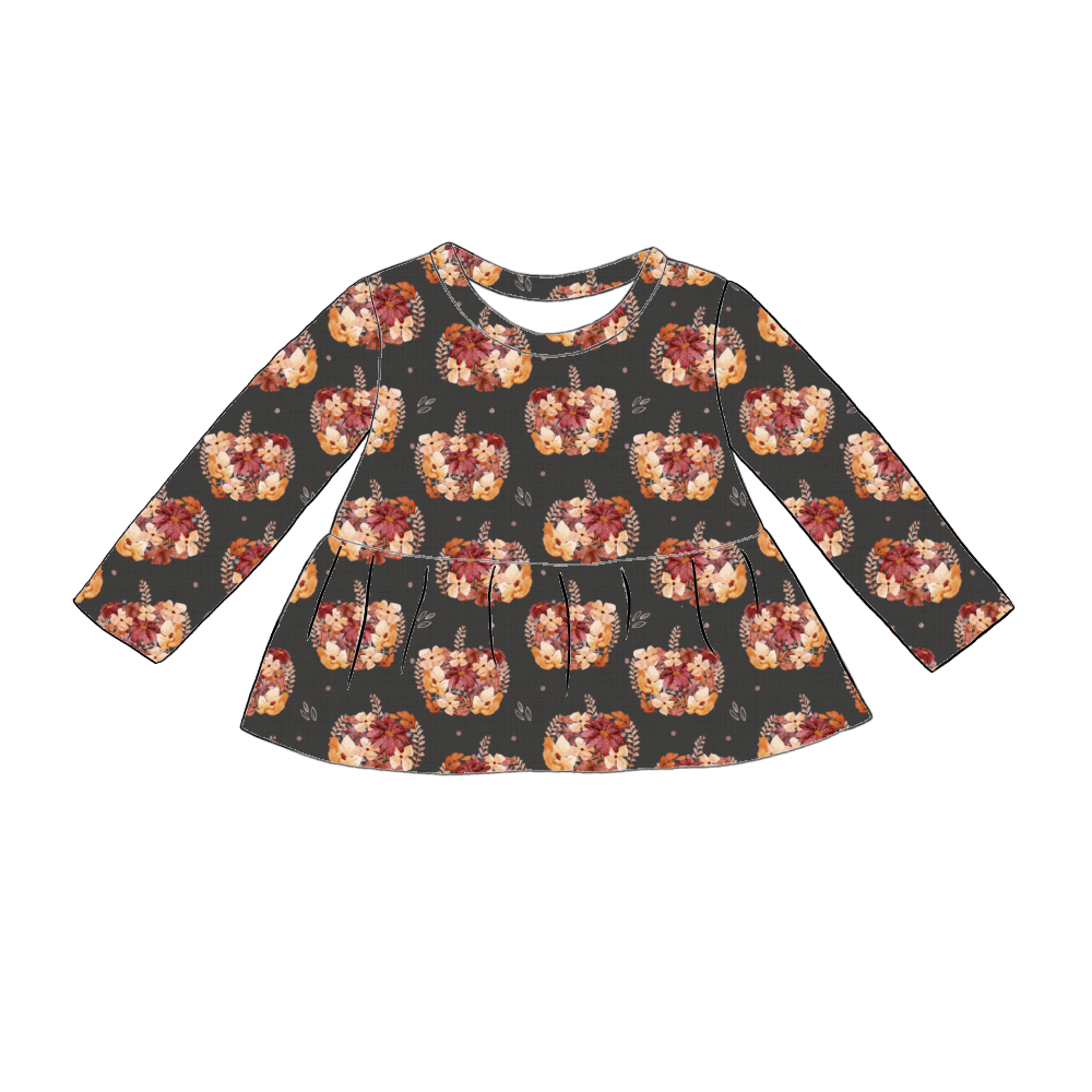 Handmade long sleeved peplum top in Baize – charcoal jersey with floral pumpkins in peach and burgundy.