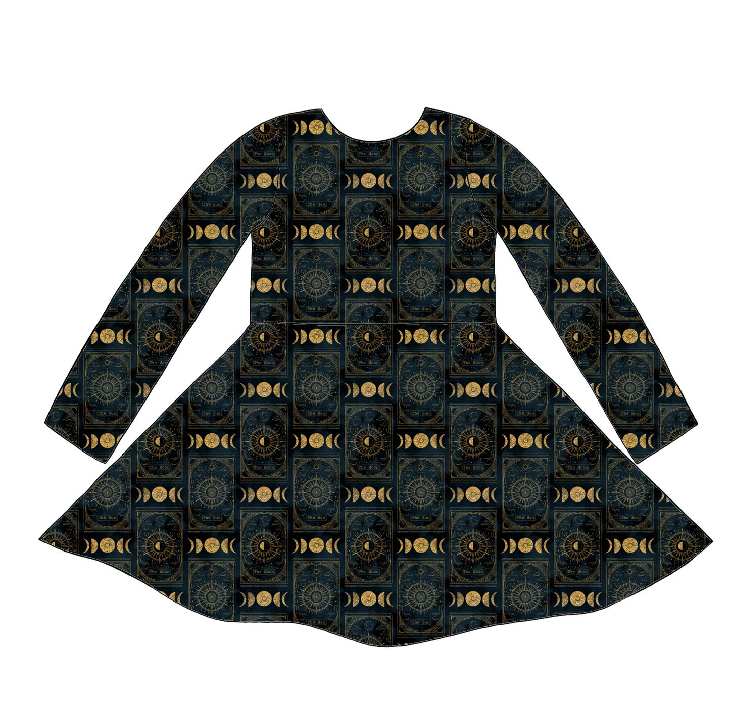 Long sleeve handmade twirly dress in Tarot – black and gold jersey with celestial motifs including stars, moons and suns.