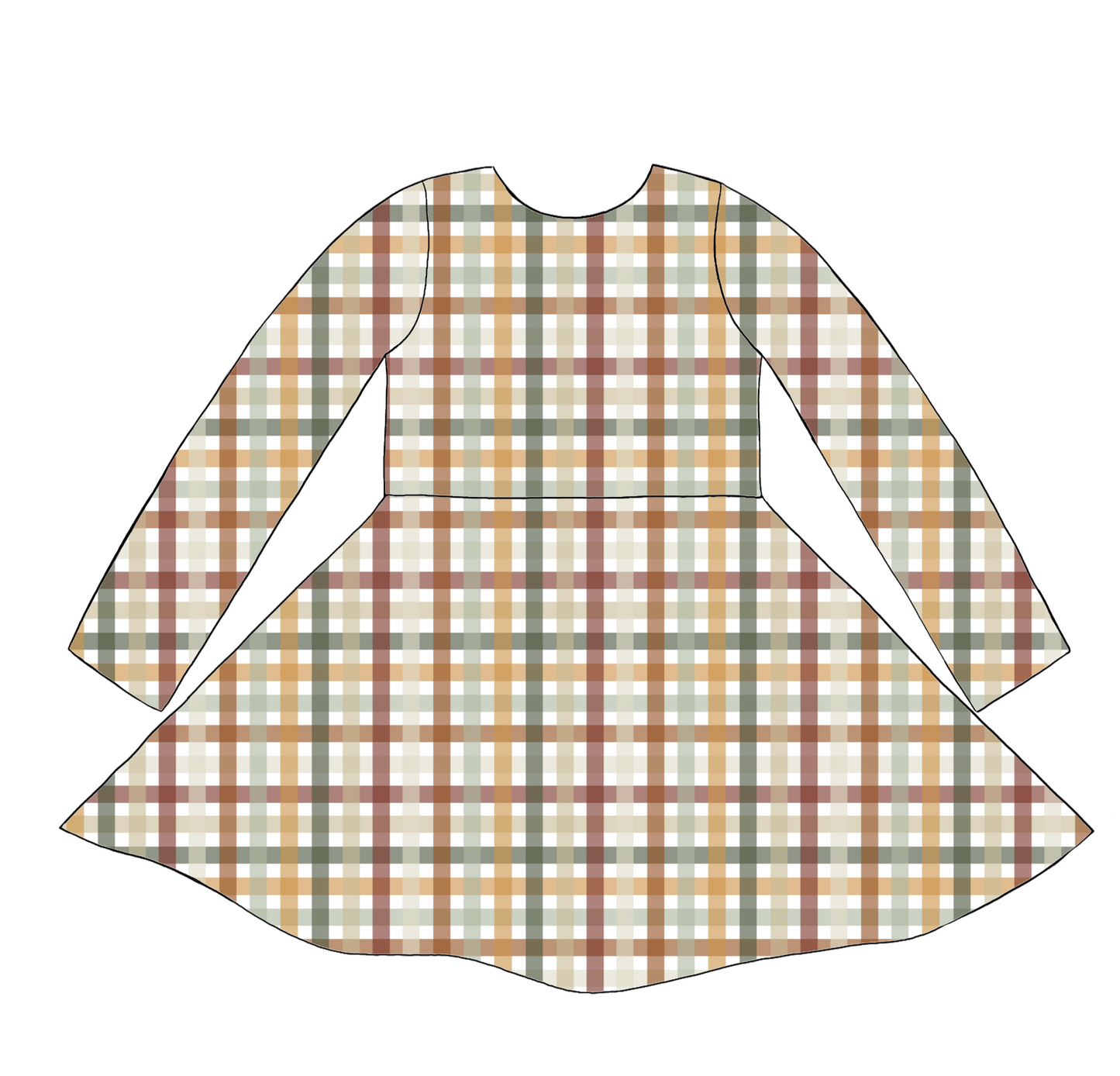 Long sleeve handmade twirly dress in Harvest Gingham – jersey check in rust, mustard, sage and cream.