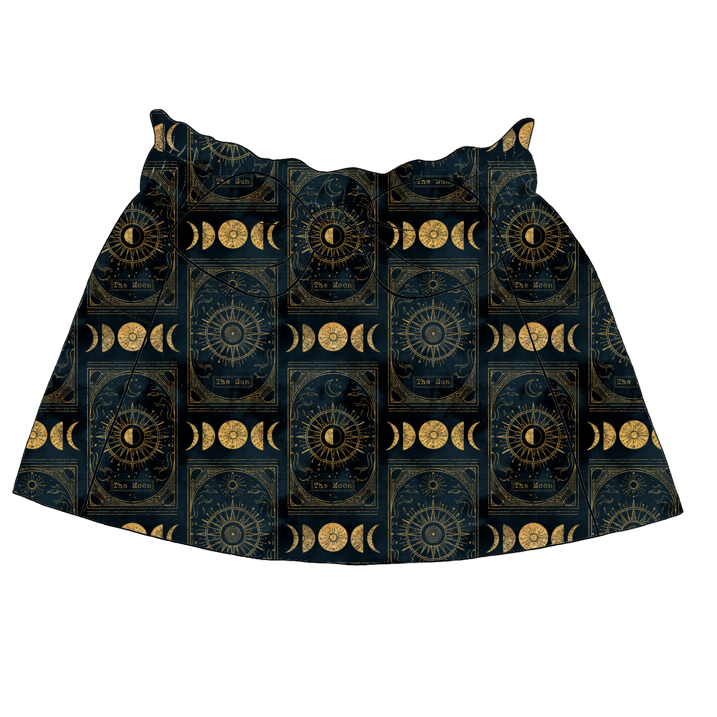 Children’s paperbag skirt in Tarot fabric – navy base with golden sun and moon tarot cards and celestial motifs, with bow and pockets.