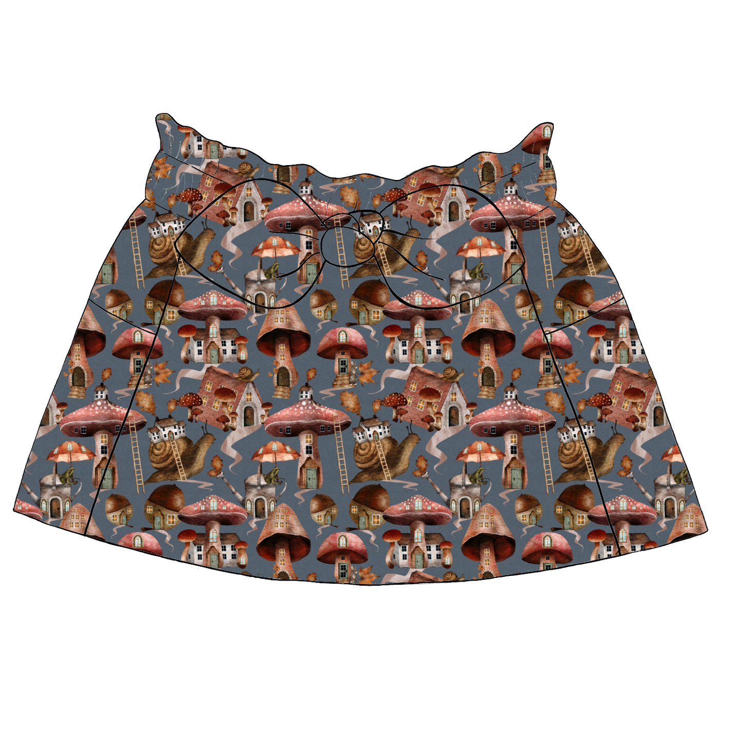 Children’s paperbag skirt in Mushroom Town fabric – blue base with mushroom houses, forest scenes, snails and leafy trees, finished with a bow and pockets.