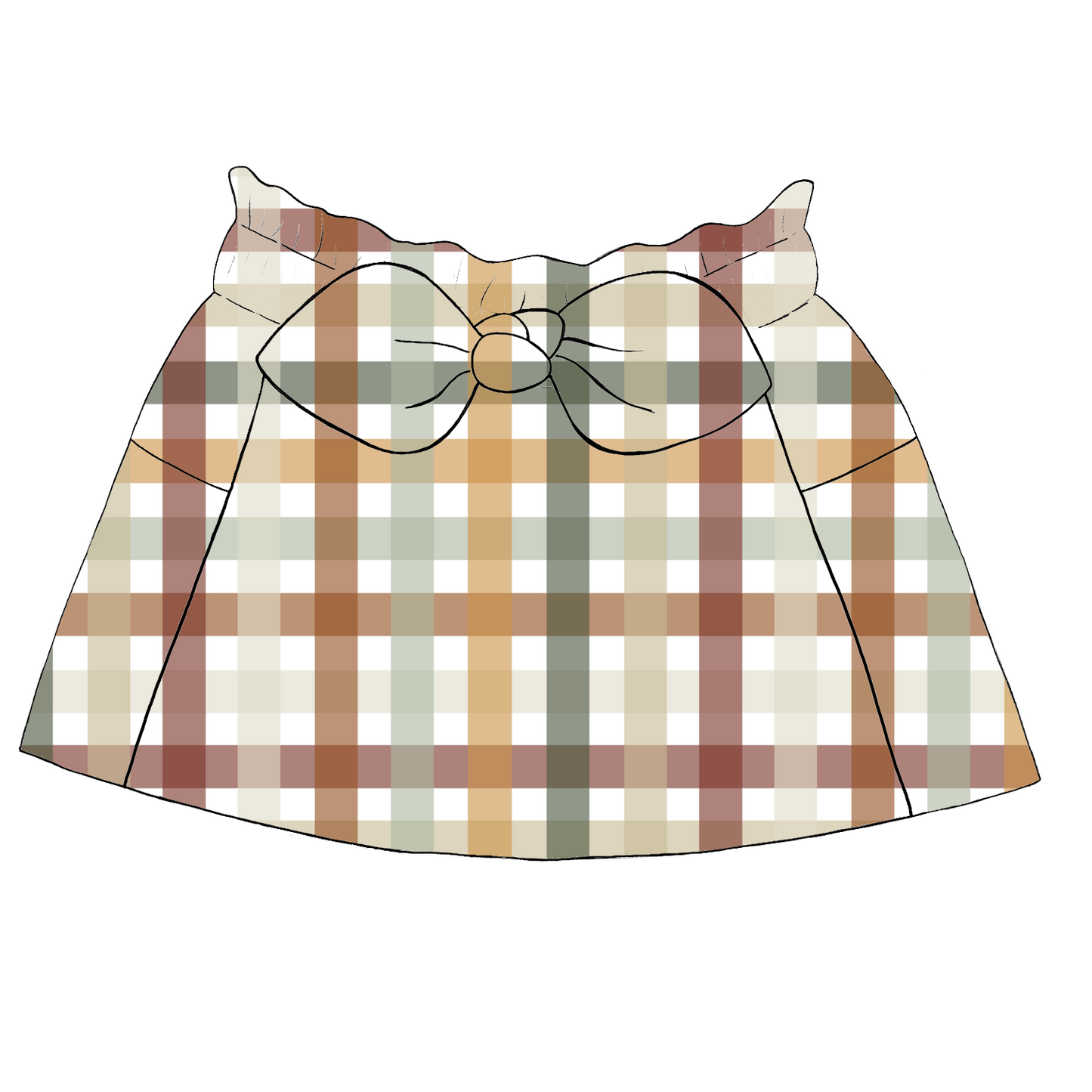 Children’s paperbag skirt in Harvest Gingham – warm-toned check in rust, mustard, sage and cream with bow tie waist and deep pockets.