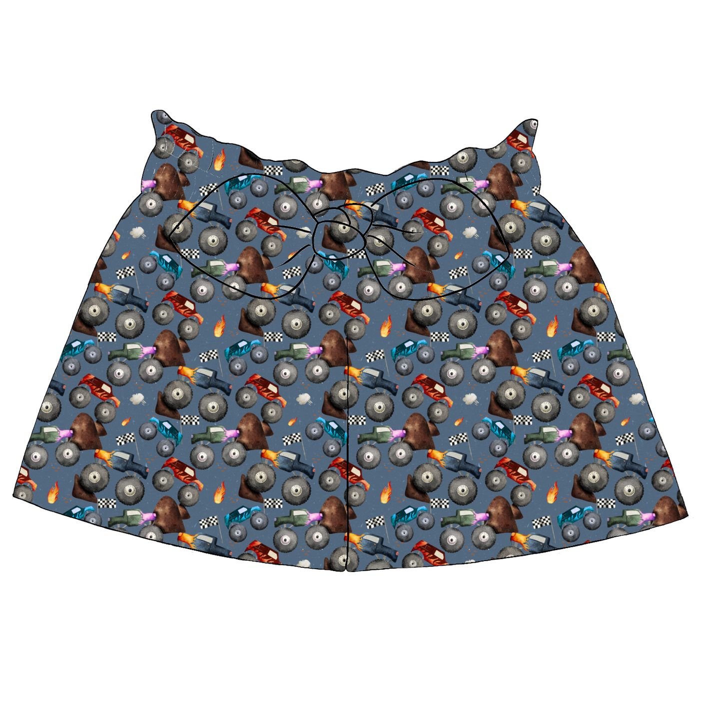 Children’s paperbag shorts in Monster Trucks fabric – denim blue base with monster trucks, racing flags and flames, ruffle waistband and bow.