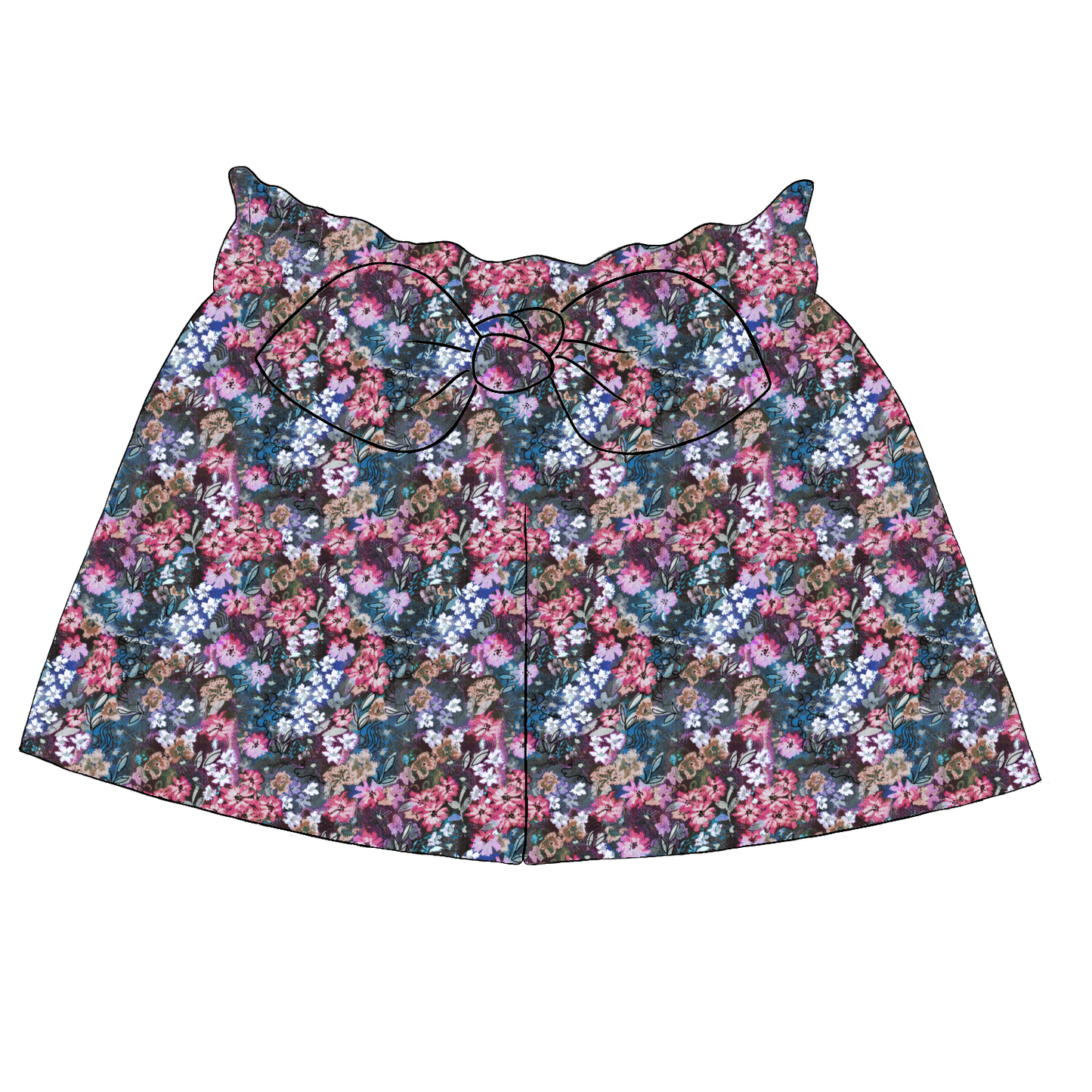 Children’s paperbag shorts in Matilda fabric – navy base with bright painterly flowers in pink, blue and lilac, with ruffle waist and bow.