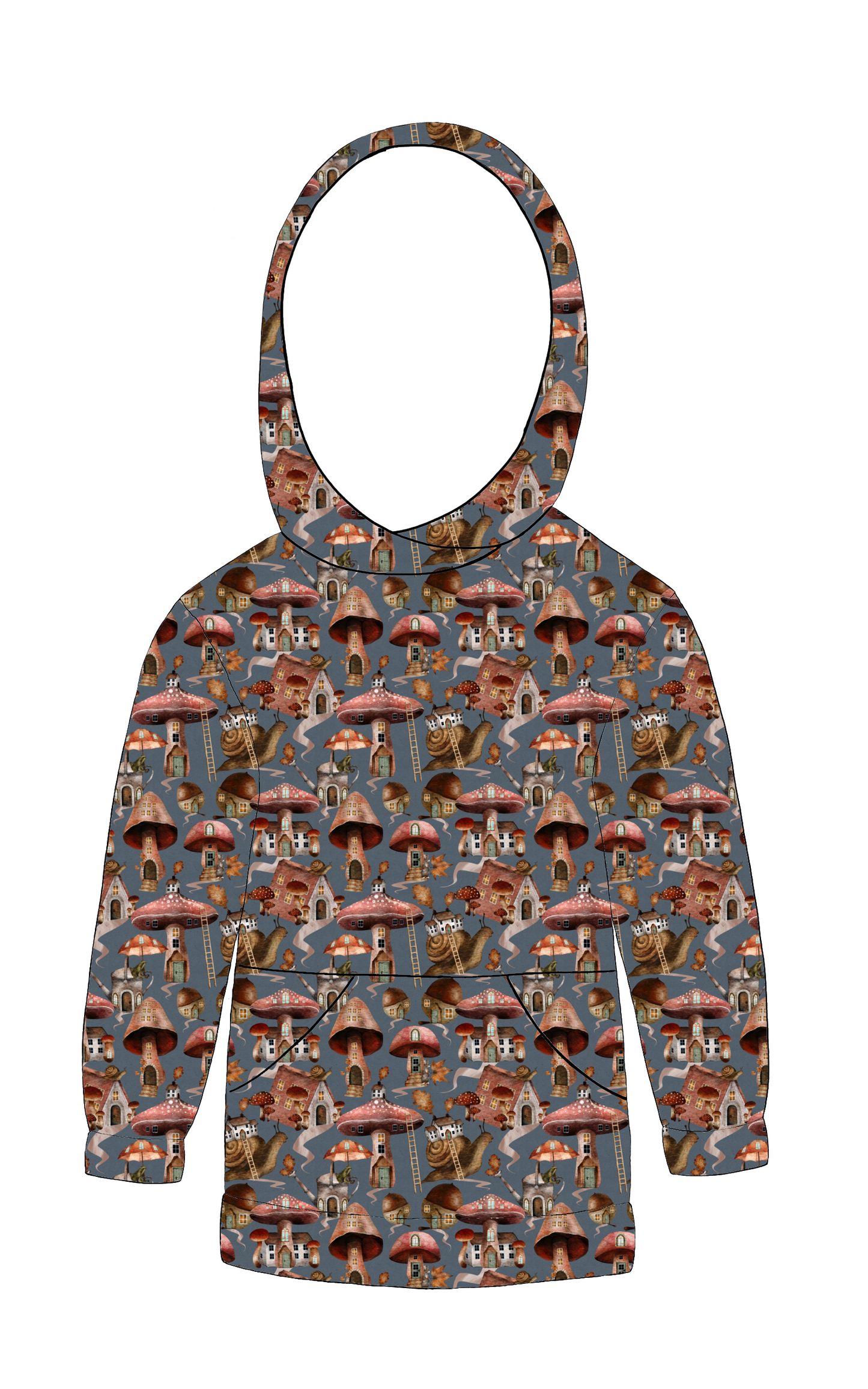 Handmade hoody in Mushroom Town – whimsical blue-grey jersey with mushrooms, snails and woodland details.