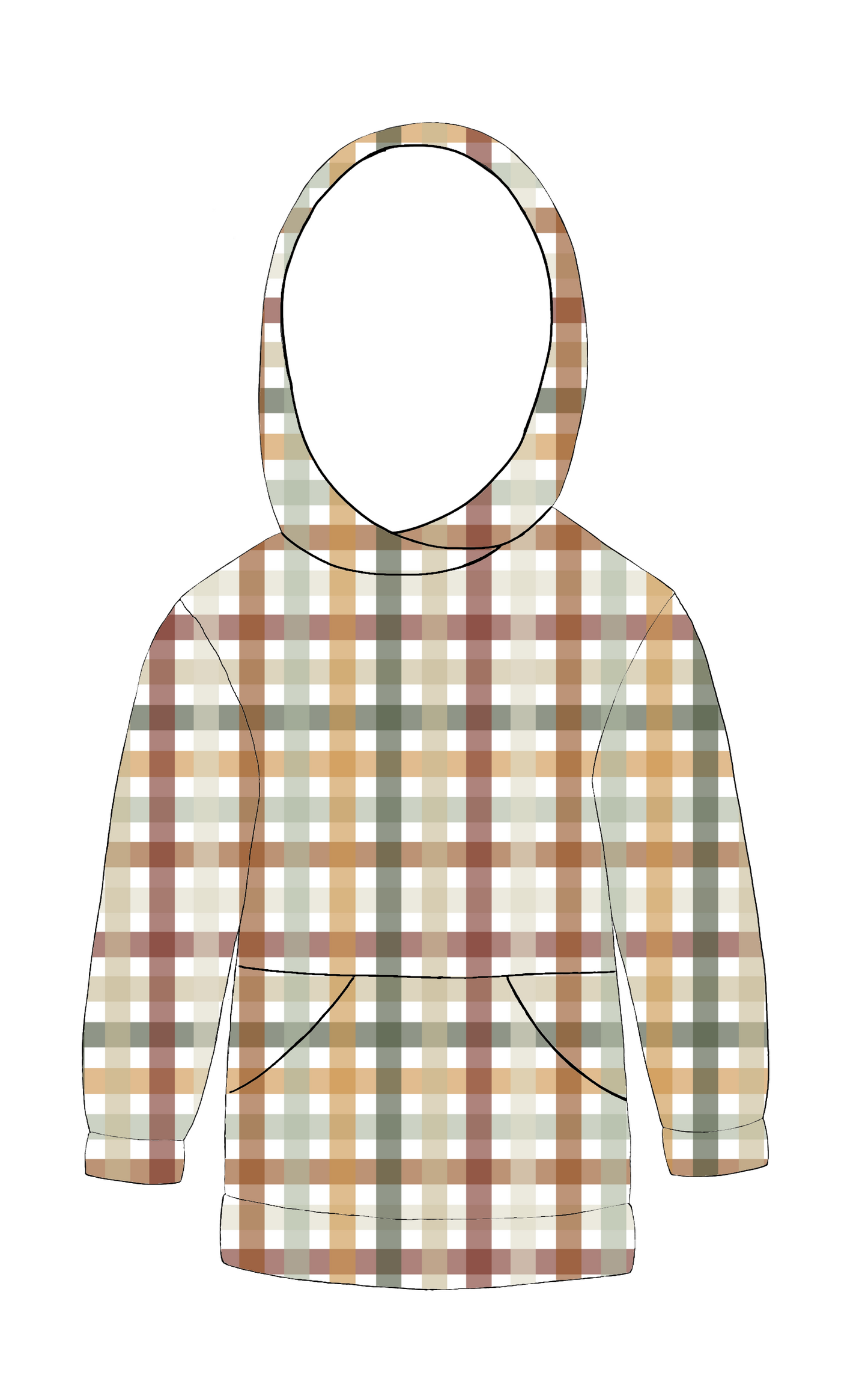 Handmade hoody in Harvest Gingham – autumn check jersey in rust, mustard, sage and cream with lined hood and pocket.