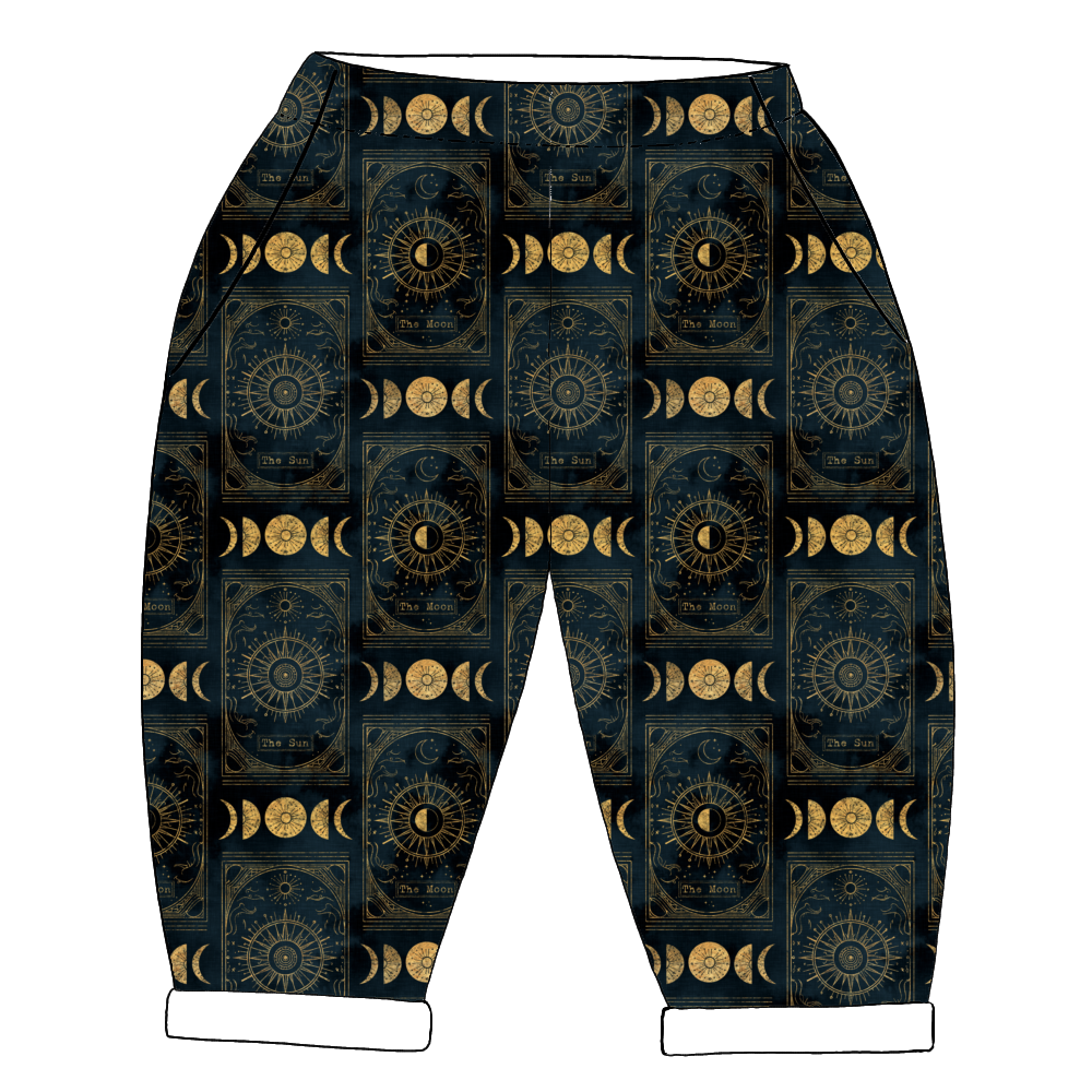 Celestial handmade trousers in Tarot – black jersey with gold tarot illustrations, rolled hems and elastic waist.