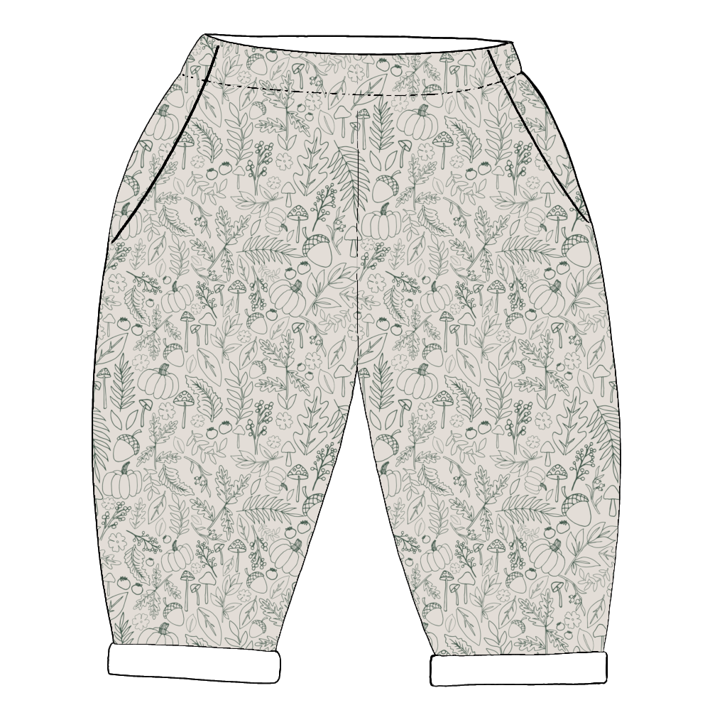 Children’s handmade trousers in Autumn Outlines – green line-drawn leaves on neutral base with elasticated waist and pockets.