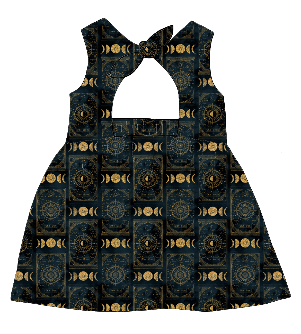Bow Back Dress in Tarot – celestial print jersey in black and gold featuring stars, moons and suns. Finished with a lined bodice and bow tie back.