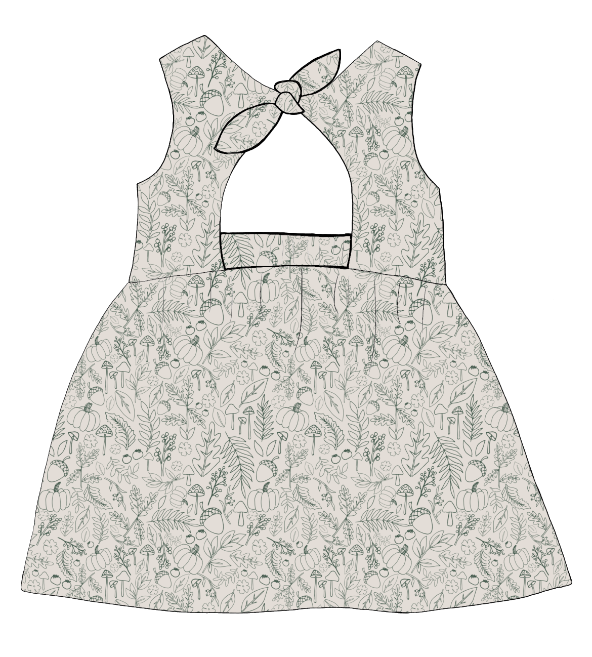 Bow Back Dress in Autumn Outlines – warm neutral jersey with fine green botanical print, finished with a lined bodice and bow at the back.