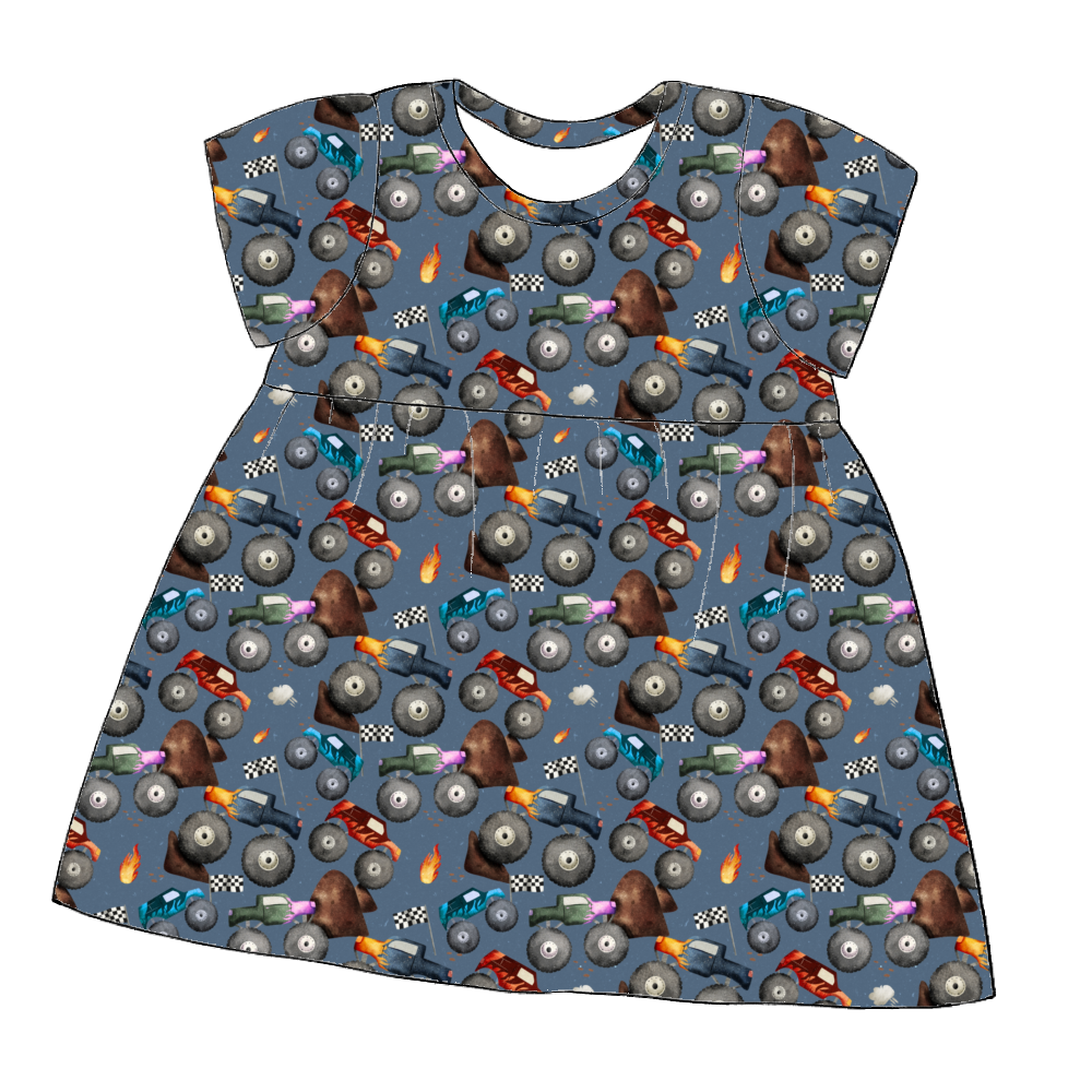 Short sleeve handmade gathered dress in Monster Trucks – playful blue jersey with colourful trucks and racing details.