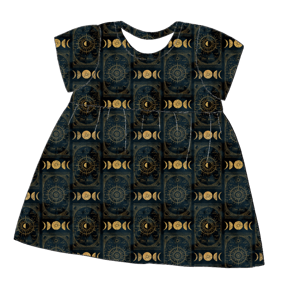 Short sleeve handmade gathered dress in Tarot – mystical black and gold jersey with celestial moons and stars.