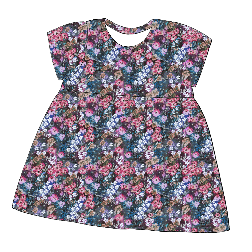 Short sleeve handmade gathered dress in Matilda Floral – soft jersey with bold layered florals in fuchsia, violet and deep blue.