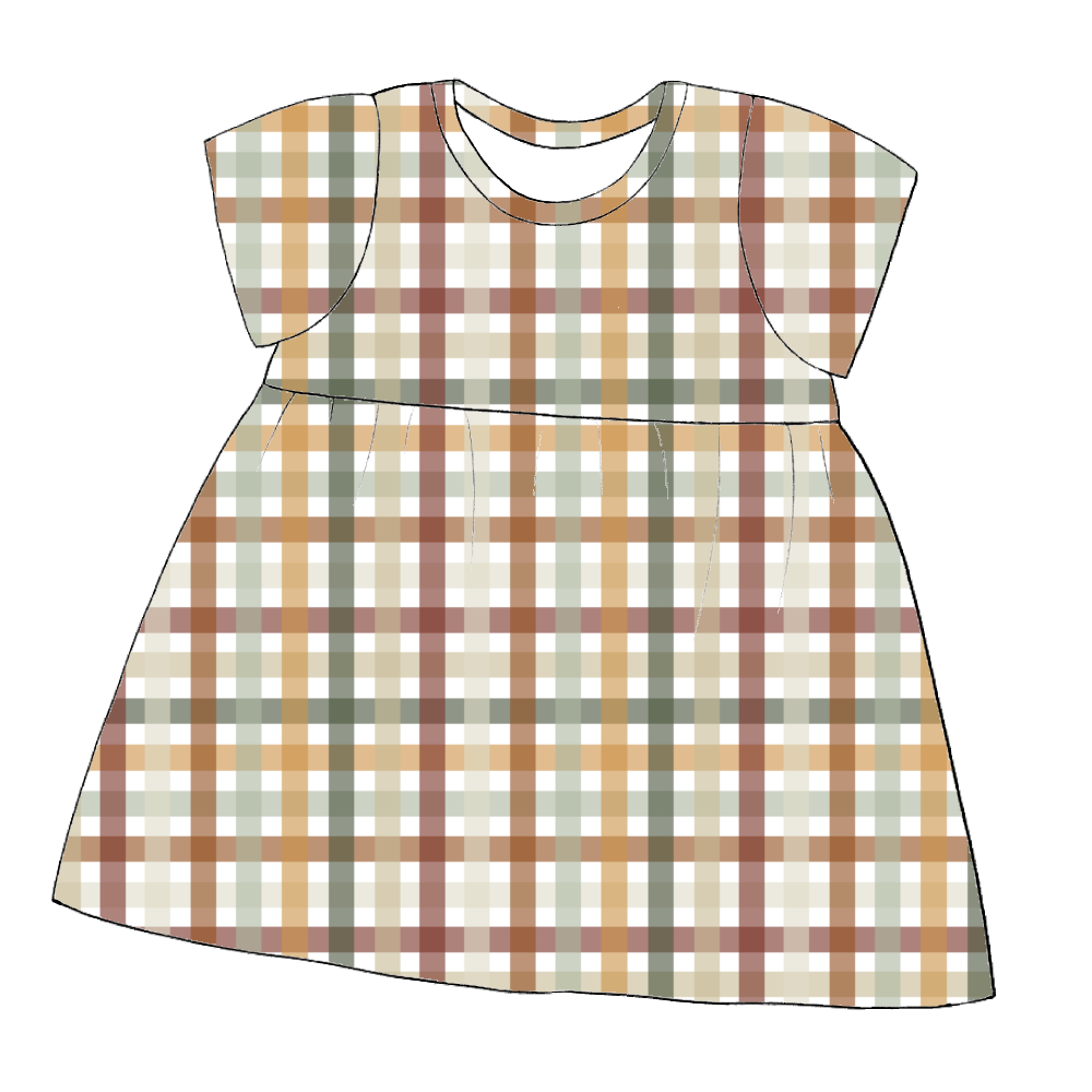 Short sleeve handmade gathered dress in Harvest Gingham – soft gingham jersey in warm autumnal shades.