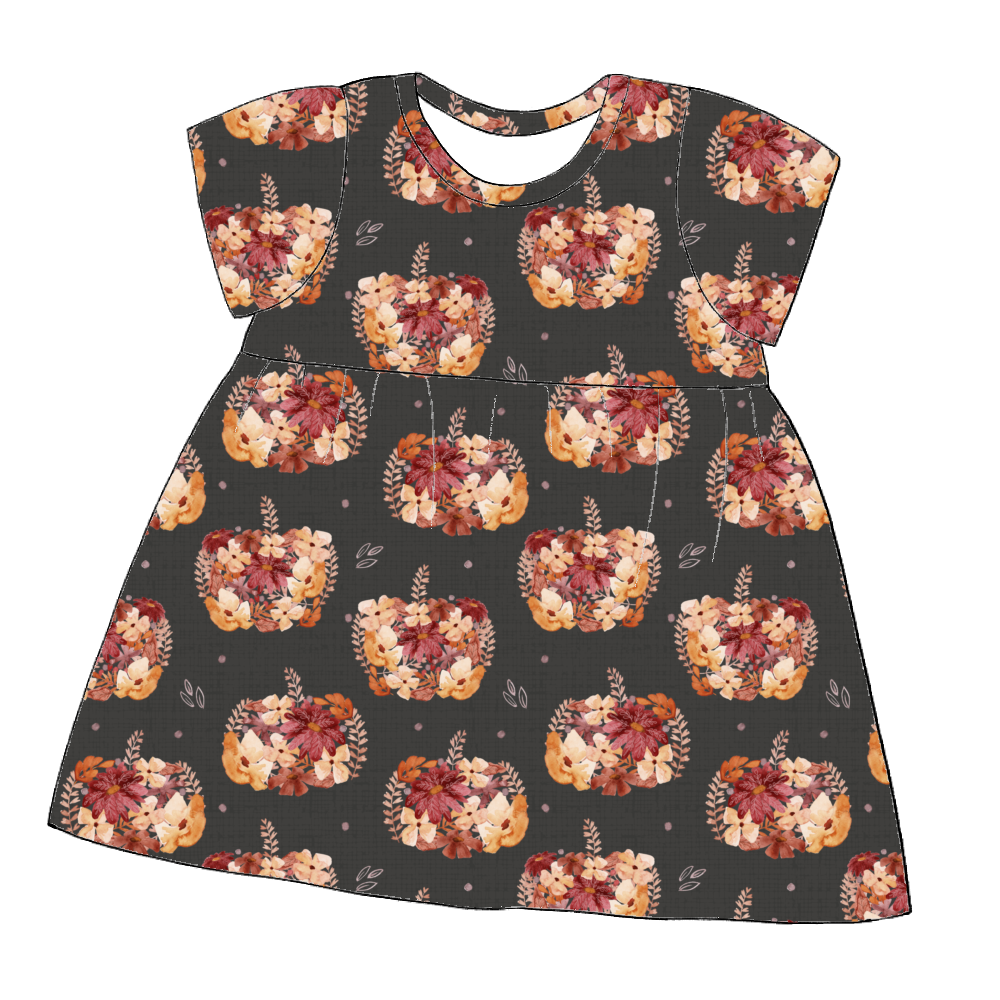 Short sleeve handmade gathered dress in Autumn Outlines – soft jersey with fine green botanical outlines on a warm neutral base.