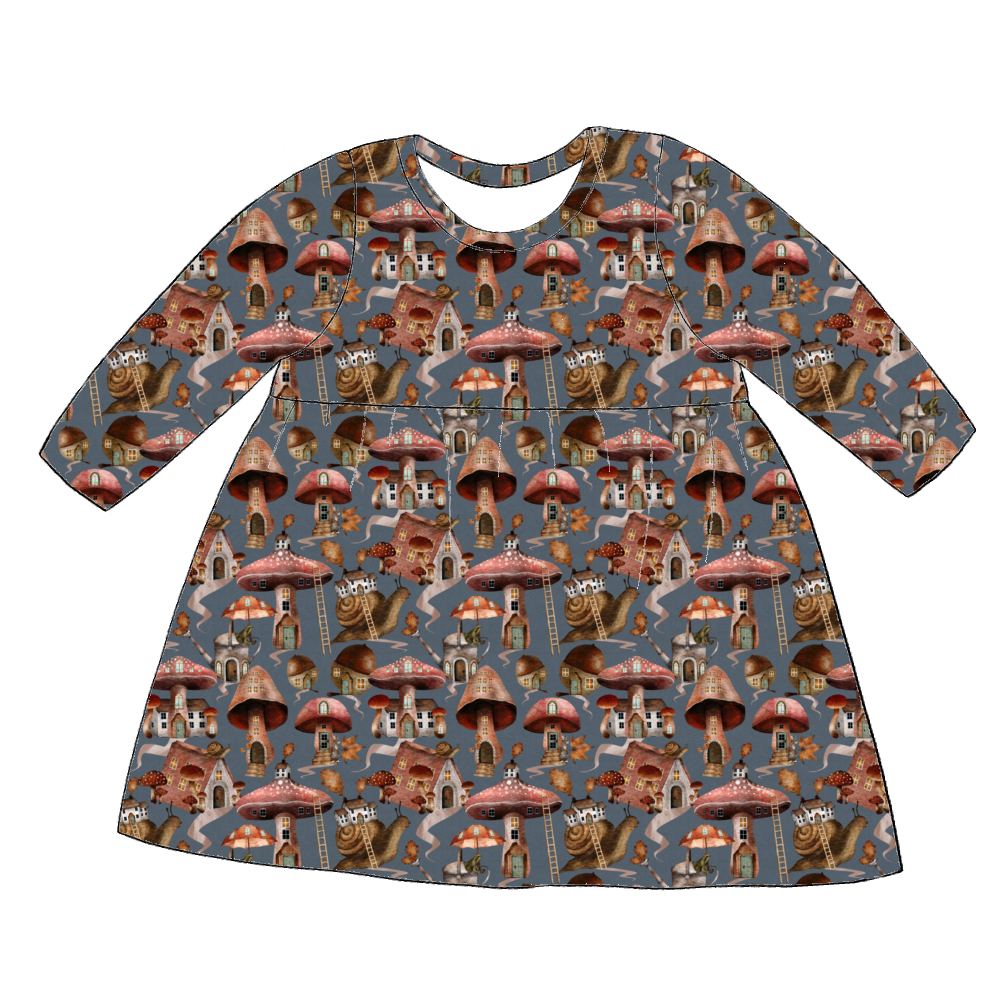 Long sleeve handmade gathered dress in Mushroom Town – blue-grey jersey with whimsical mushroom houses, snails and leaves.