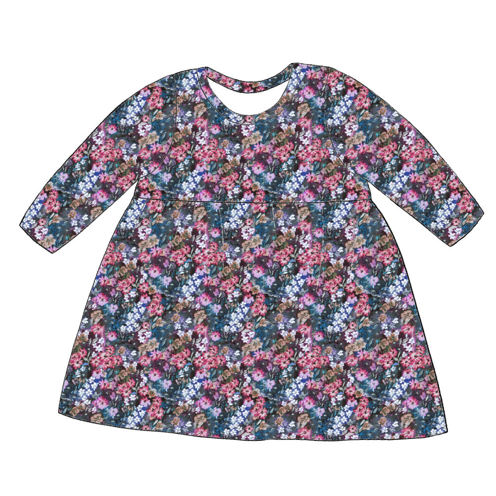 Long sleeve handmade gathered dress in Matilda Floral – deep blue jersey with painterly florals in pink, purple and green.