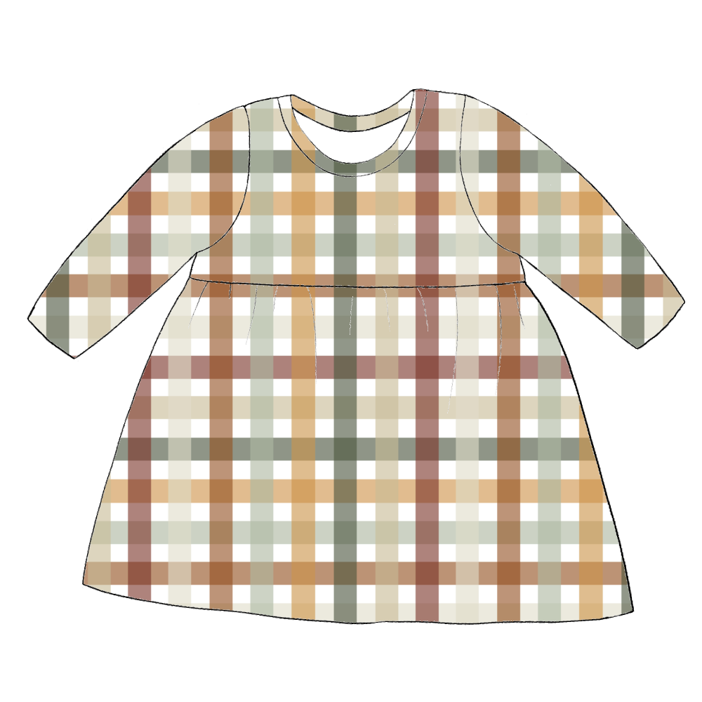 Long sleeve handmade gathered dress in Harvest Gingham – warm jersey check in rust, mustard, sage and cream.