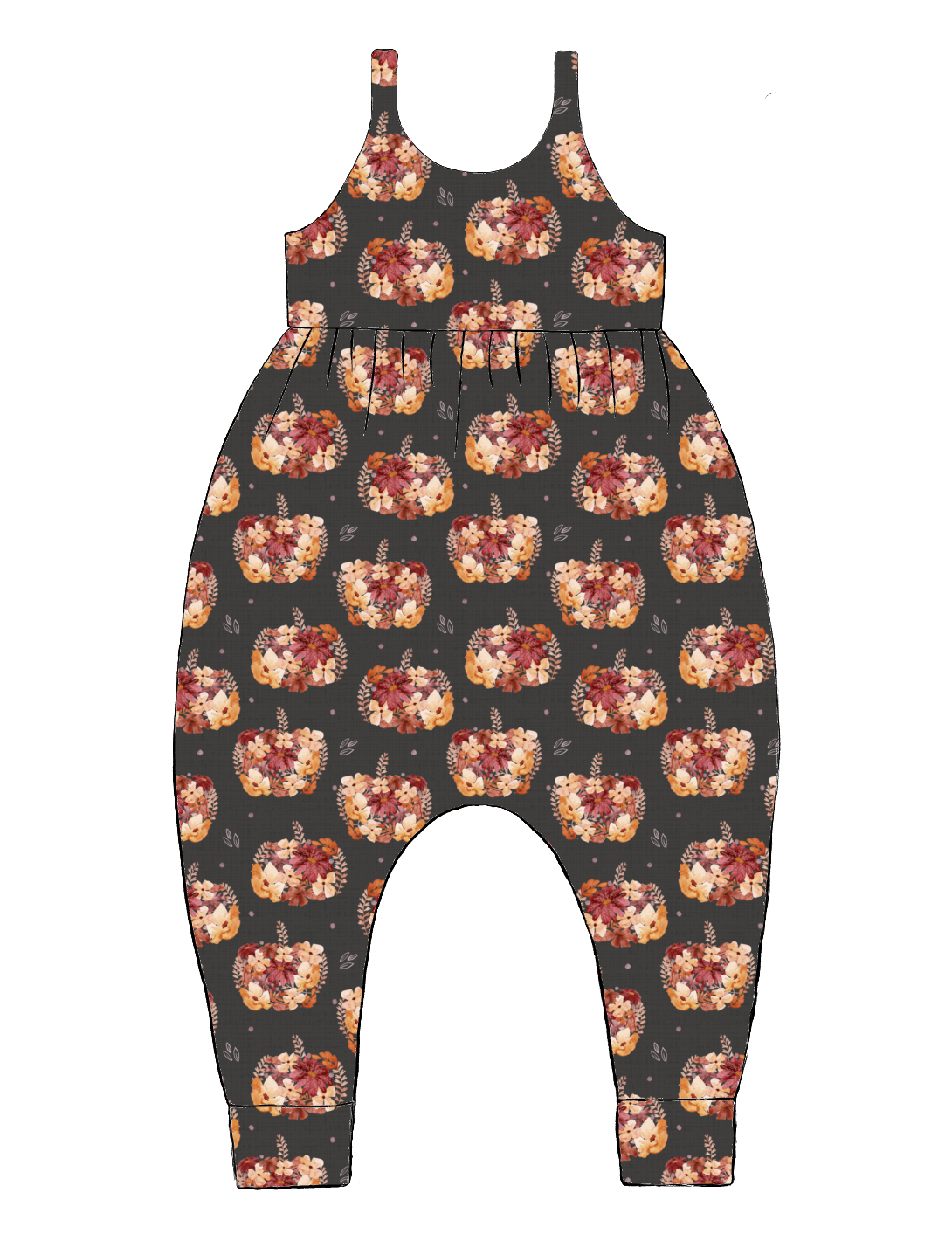 Handmade Napa Romper in Baize – charcoal jersey with floral pumpkins in soft peach and burgundy. Harem-style legs and soft cuffs.
