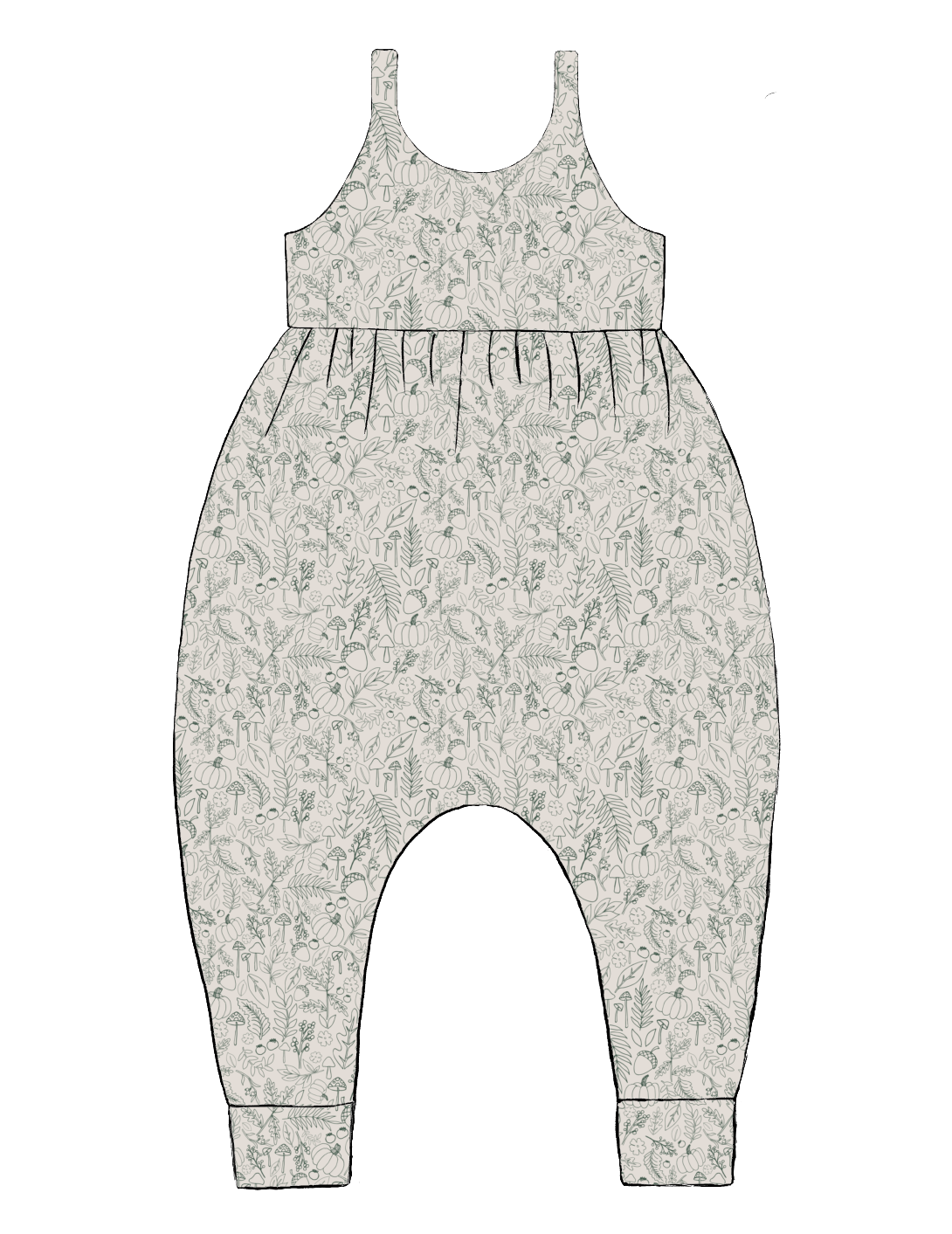 Handmade Napa Romper in Autumn Outlines – warm neutral jersey with fine green botanical print. Harem-style fit with soft cuffs.