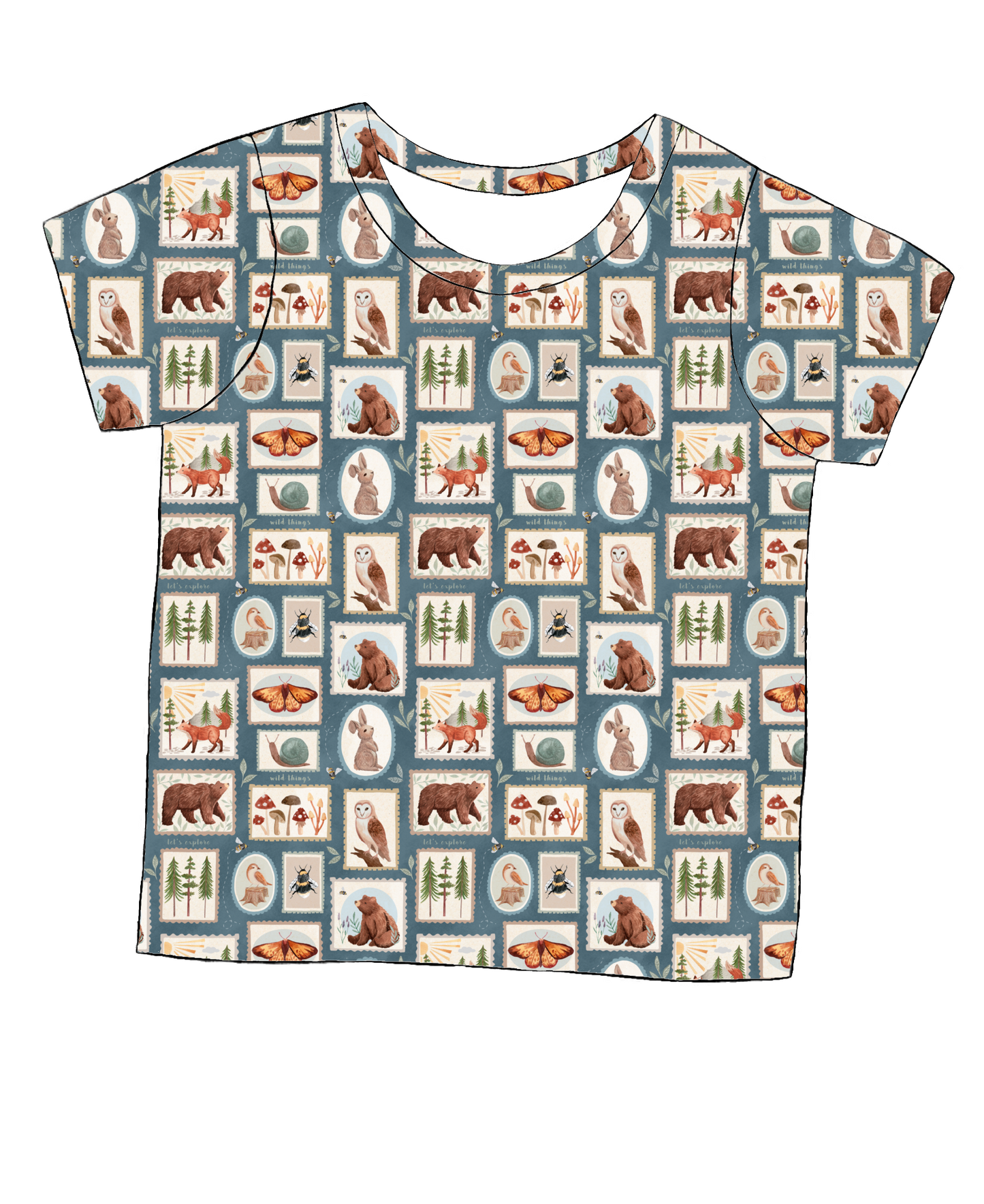 Short sleeve handmade T-shirt in Wild Stamps – soft jersey with folk-style woodland tile print in muted tones.