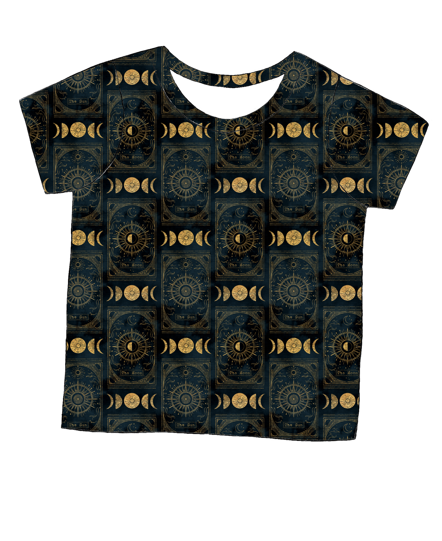 Short sleeve handmade T-shirt in Tarot – monochrome jersey with tarot-style suns, moons and stars.