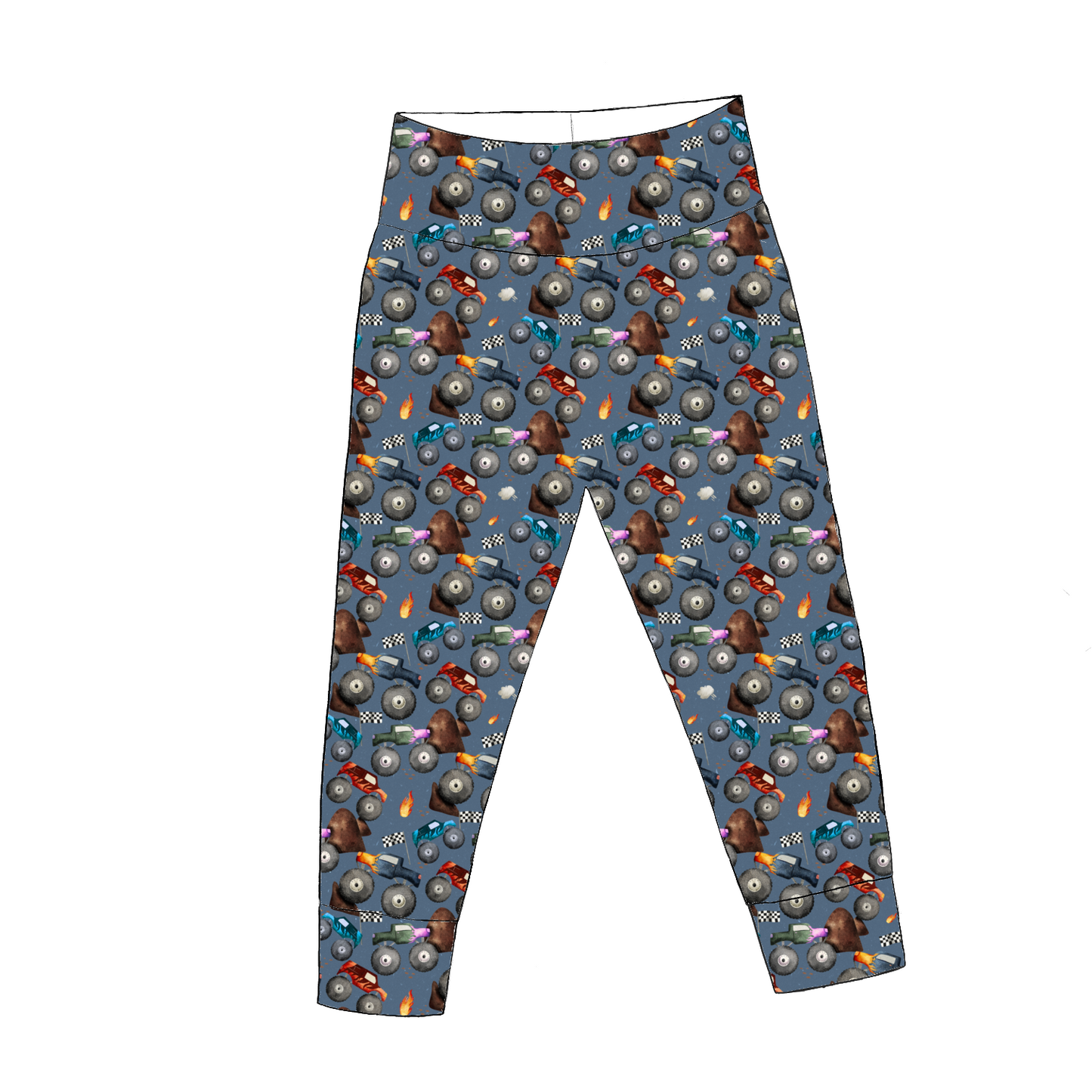 Monster Trucks leggings – bold blue print with watercolour trucks, flames and racing flags, yoga waistband and ankle cuffs.